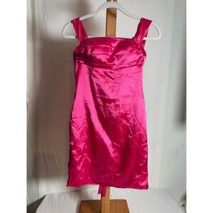 Hot Pink Satin Mini Dress Square Neck Bodycon Party Cocktail Barbiecore 00142
